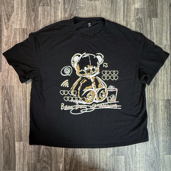 SHEIN Curve 1XL Black Graphic Tee Bear Bear Waiting Plus Size Short Sleeve Shirt - Picture 1 of 6